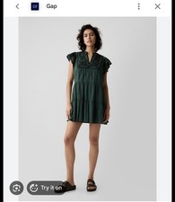 GAP Crinkle Gauze Embroidered Mini Dress Green Flutter Sleeve V Neck LargeCotton