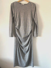 M&S Dress Maxi Size 112 Grey Ruched Flattering Shoulder Pads VGC Stretch Event