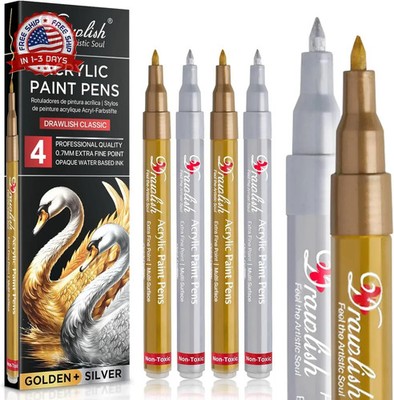Acrylic Paint Pens - Permanent Markers 2 Gold Pens & 2 Silver Paint Marker Pen S