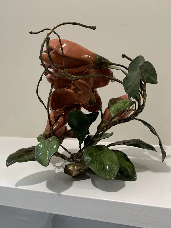 Large Vintage Brass Flowers Enamel Metal Floral Sculpture MCM 8” OOAK - Image 4 of 4