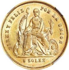 Peru: Republic Gold 5 Soles 1863-LIMA YB. Lima Mint. NGC MS-63! Great Eye Appeal