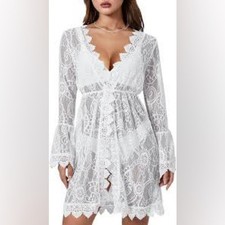 White Lace Bell Sleeve Cover-Up Size L