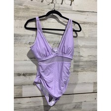 One Piece Swimsuit Women L Purple Mesh Inset Ruched Plunge EUC