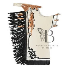 Bull Riding Pro Rodeo Chaps Beige Smooth Leather Bronco Show Adult fringe chap