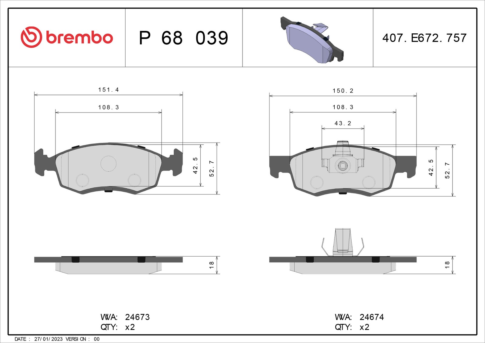 BRAKE PAD SET DISC BRAKE P 68 039 FOR RENAULT LOGAN/II/EXPRESS LADA DACIA - Image 7