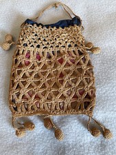 Vtg. Crochet Reticule Drawstring Bag Pom Pom Purse Silk Lined Handcrafted 1920s