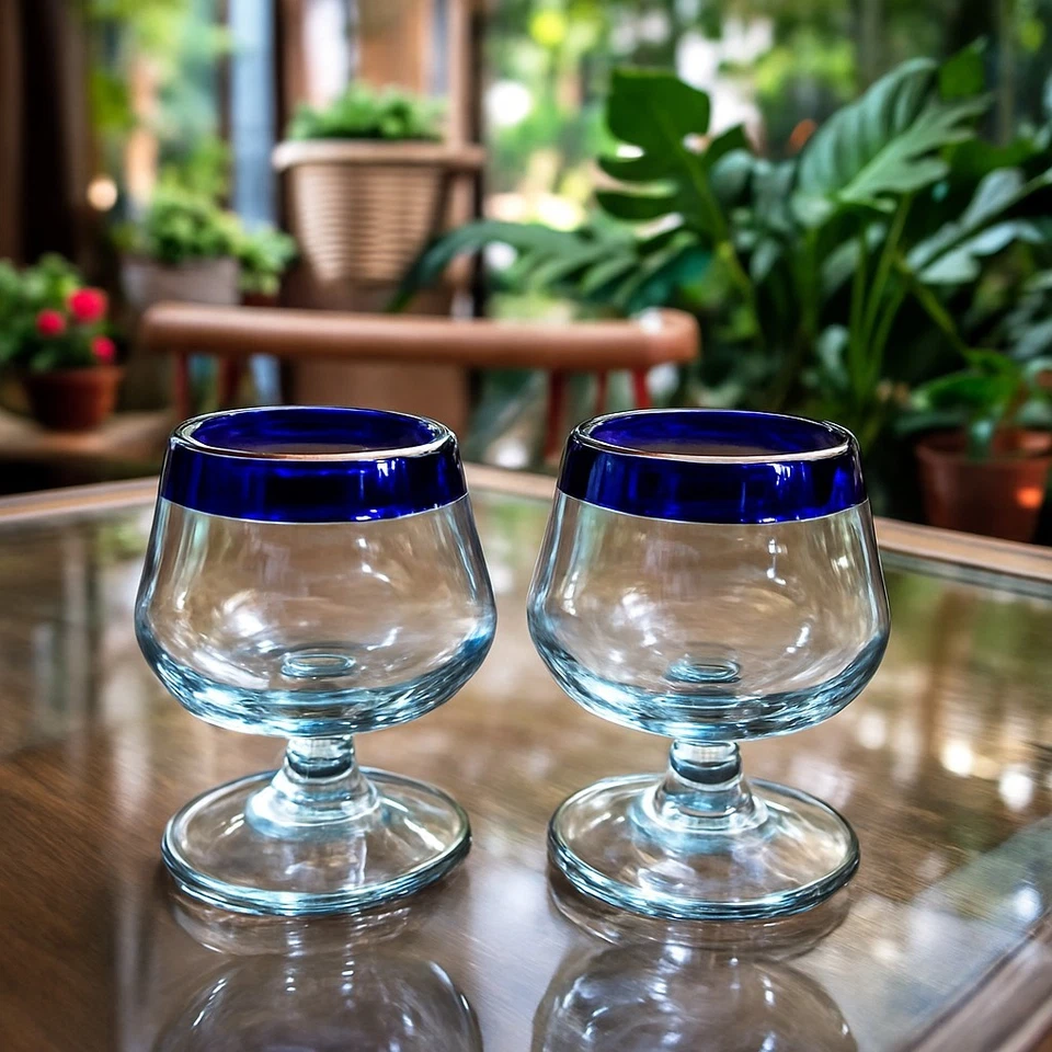 Vaso soplado a mano mexicano - Juego de 4 Brandy Coñac Tequila Snifter Borde Azul Cobalto Foto 2 de 4