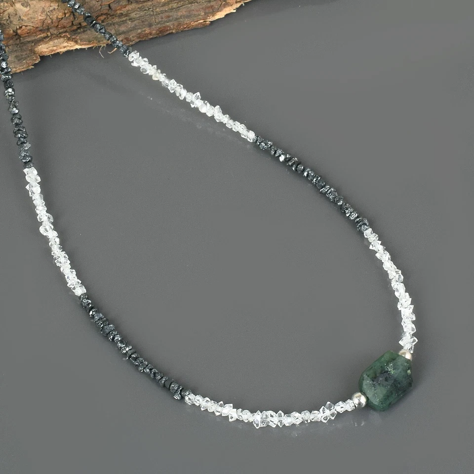 Naturschwarz Diamant & Herkimer Quarz AAA Smaragd Perlen Verstellbar Halskette - Bild 3 von 4