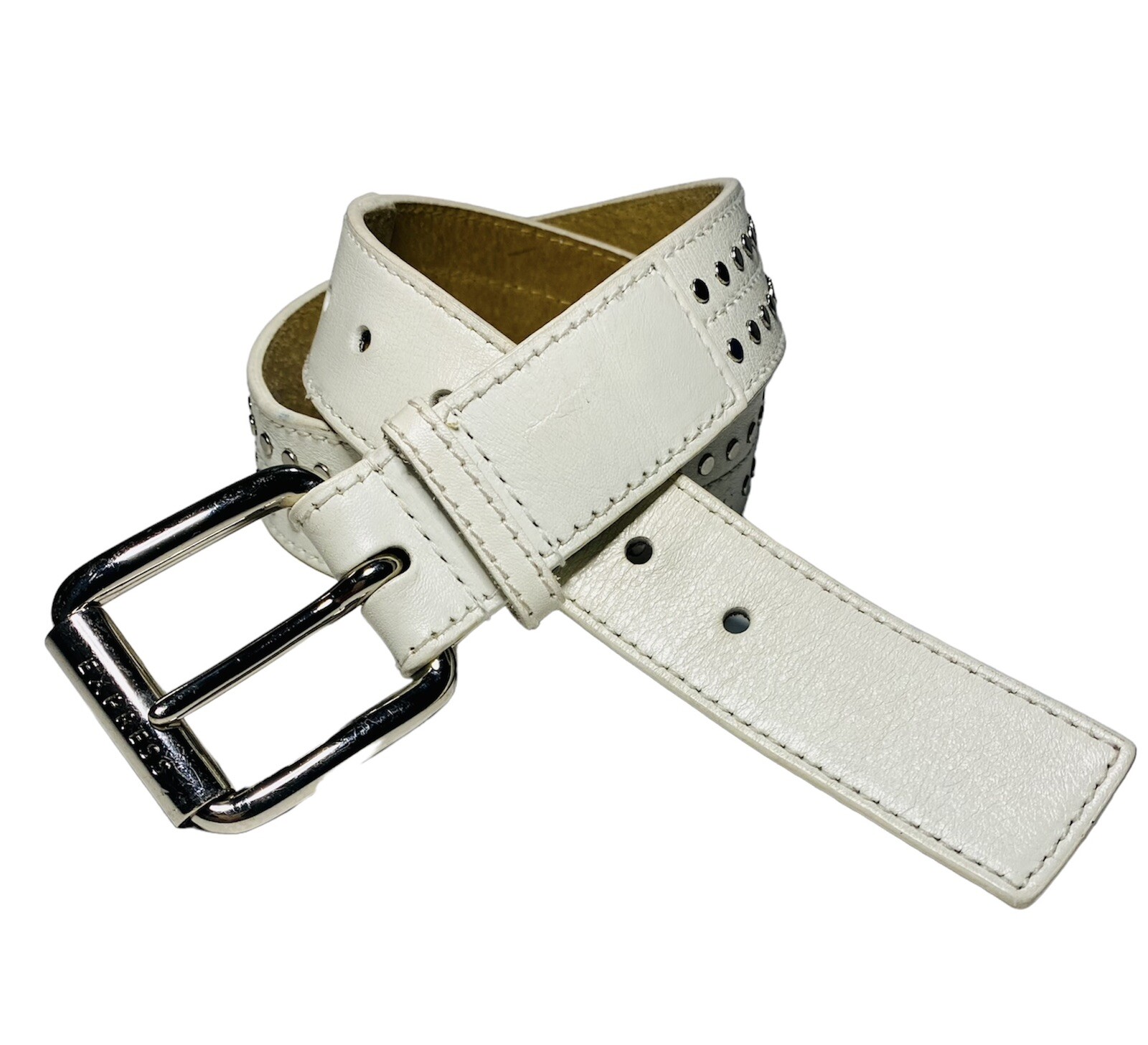 Express White Leather Rocker Belt with Metal Studs, Silver Buckle, Size Small 30”