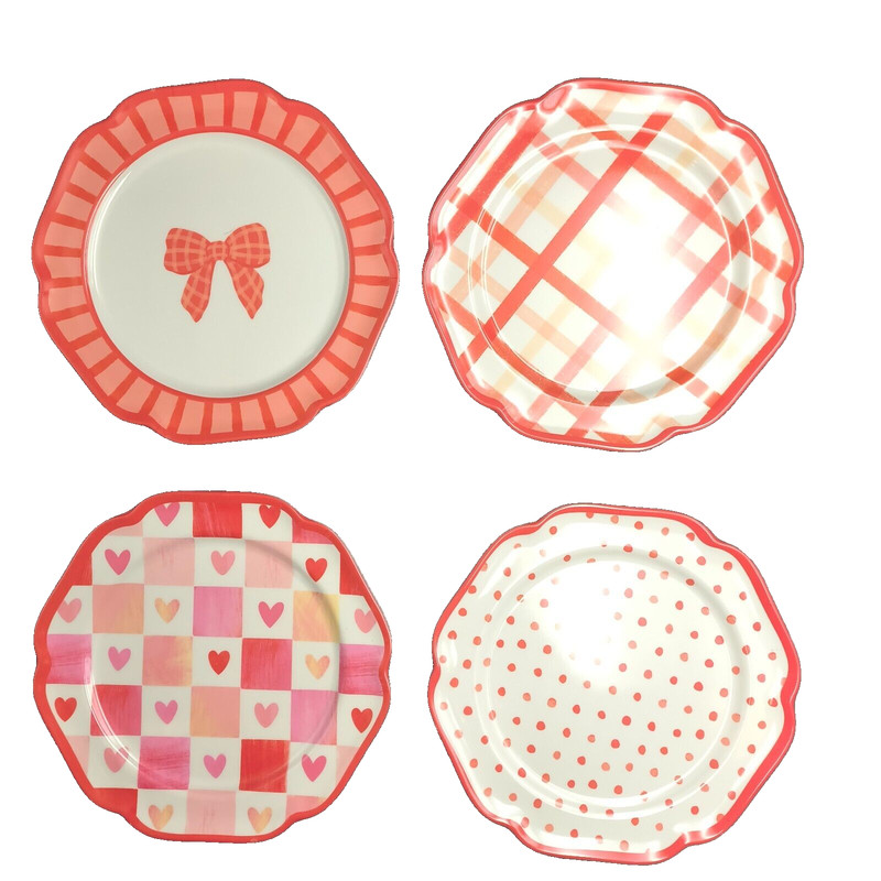 Cupcakes & Cashmere Set 4 Melamine Pink & Red Bows & Hearts Dessert Plates 8.5"