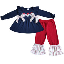 Girls Santa Embroidery Cotton Tunic Ruffle Bell Pants Set 2pcs Christmas Outfit
