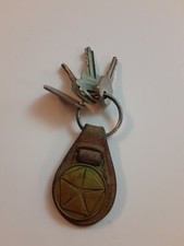 Vintage Chrysler Keychain Brass Leather VIP Delivery System Pentastar 3 Keys Fob