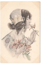 M.M. Vienne Vintage Art Nouveau Postcard~Lady with Flower Bouquet~Unsigned