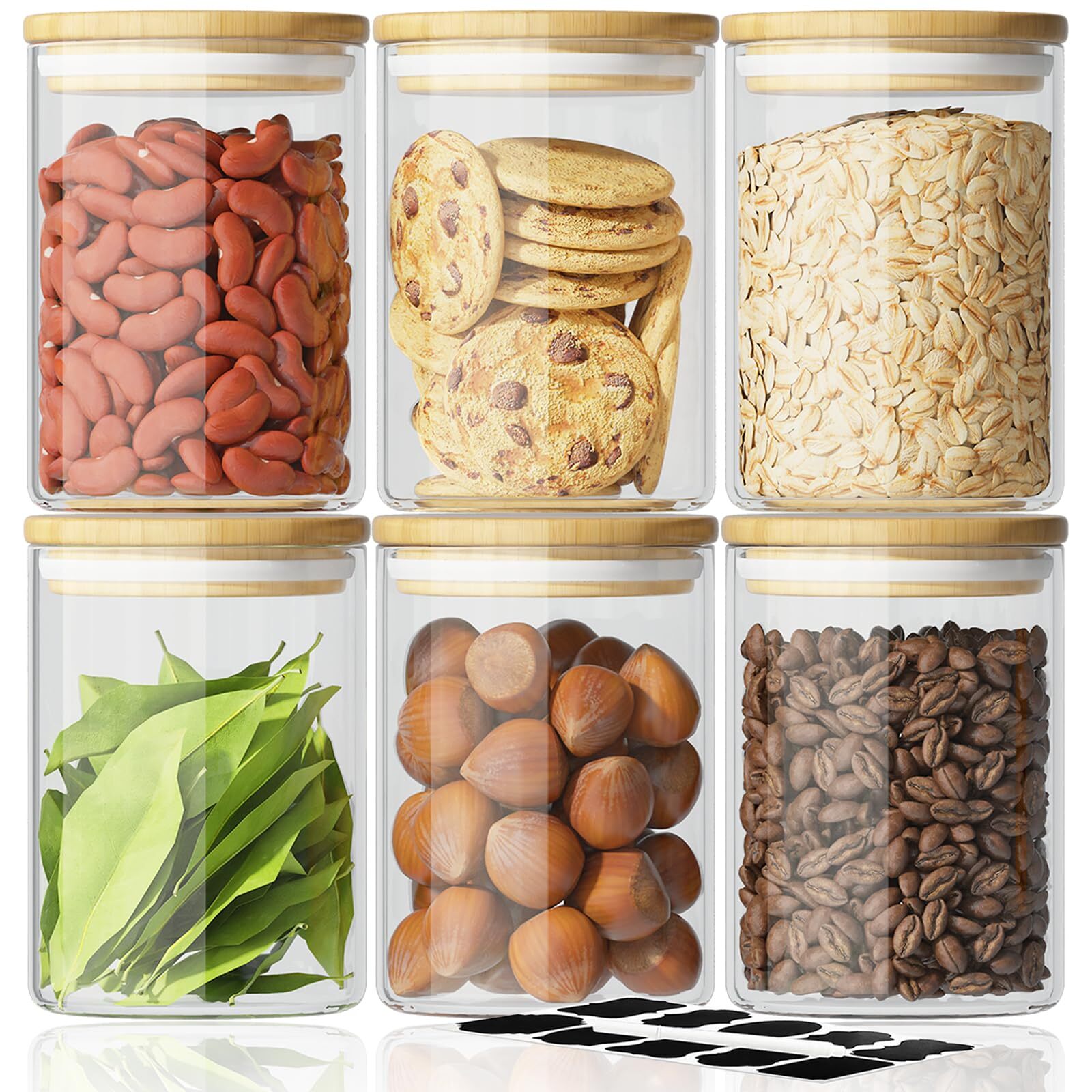 6-Piece Glass Storage Jars with Airtight Bamboo Lids & Labels – 18.6oz/550ml