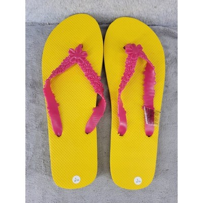 Yellow Flip Flops with Pink Flower Straps Size L 9-10 Summer Beach Sandals