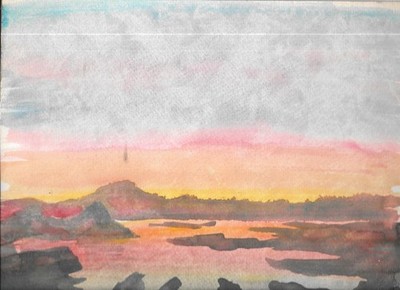 Lake Sunset Watercolor Sketch by Ray Henault} 1984 Original 9''X12''