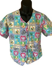 Crest Cottons Scrub Top Women's Small Multicolor Squares Animals V-Neck Button U