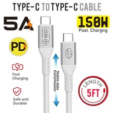 Universal Compatibility White 5A PD 150W USB C to USB C Fast Charging 5FT Cable