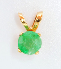 14K YELLOW GOLD 4MM ROUND NATURAL GREEN EMERALD GEMSTONE NECKLACE PENDANT CHARM