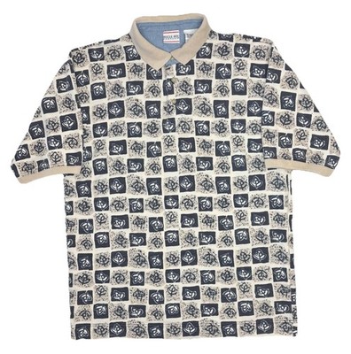Vintage Bugle Boy Shirt Men's Size XXL Beige Geometric Leafs Button Up Polo