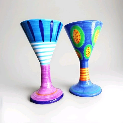 Vintage Deruta Italian Ceramic Goblets Hand Painted Colorful Pottery Signed 