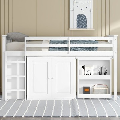 Twin Loft Bed w/ Storage, Desk, Ladder & Guardrail, Rubberwood, White