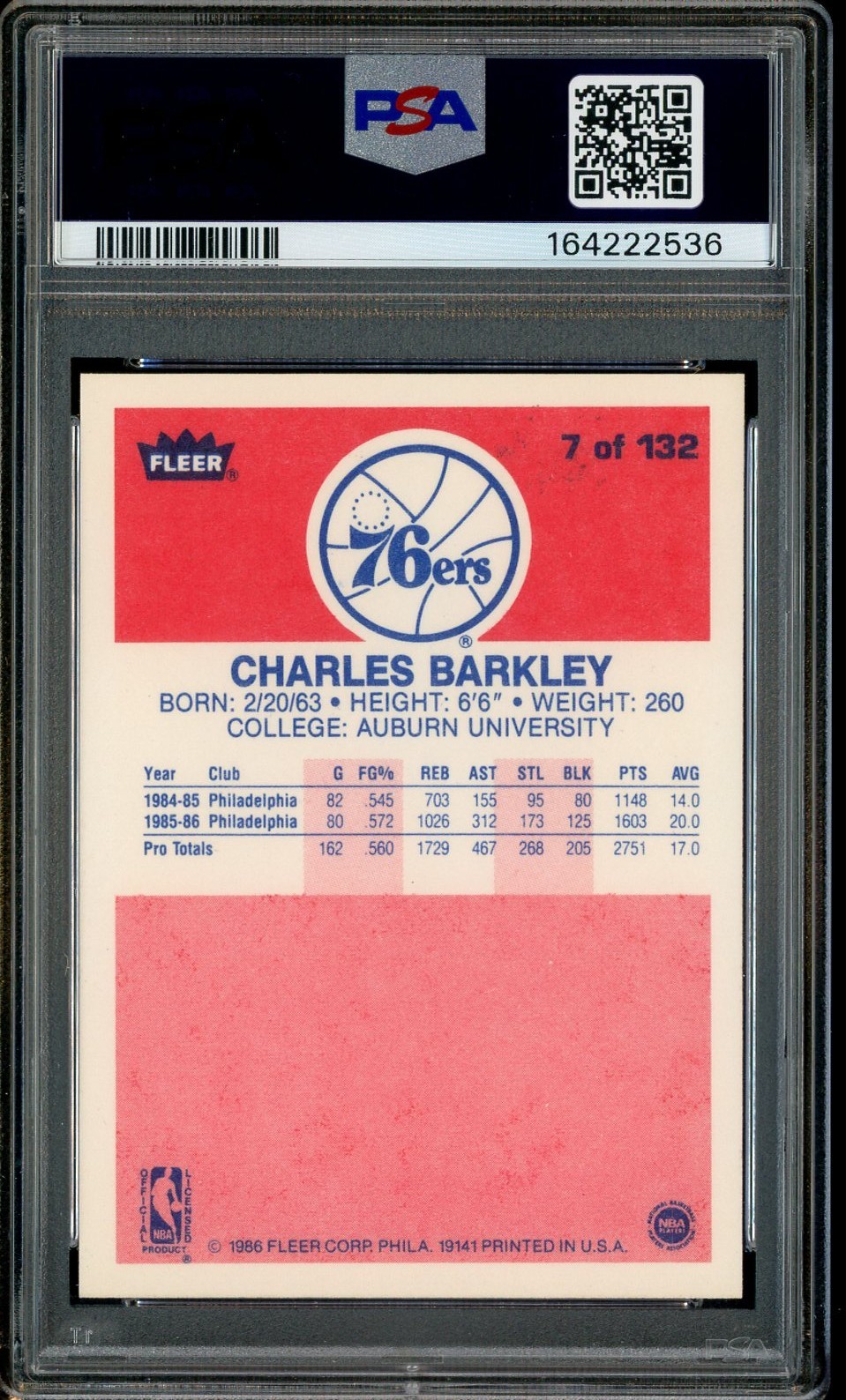1986-87 Fleer Basketball #7 Charles Barkley RC Rookie HOF PSA 7 PSA/DNA 10 AUTO view 2