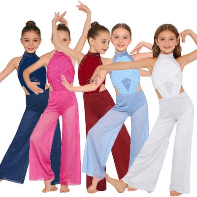 DE Mädchen Tanzbekleidung Glänzend Jumpsuit Kostüm Body Funkeln Tanzen Gerafft