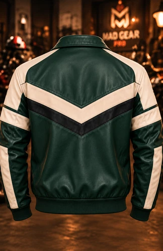 Mens Green White Genuine Cowhide Leather Jacket Retro Biker Racing Bomber Coat image 7