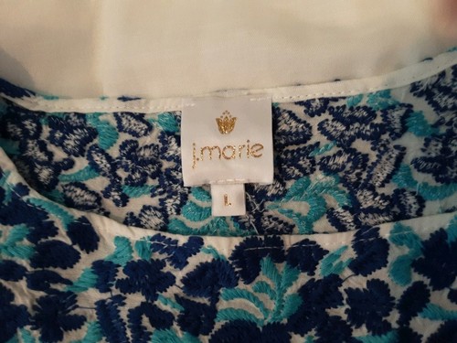 J MARIE-Brynn-Mexican Floral Embroiderd Top Blue White Boho Beauty-Lined Sz L - Picture 2 of 13