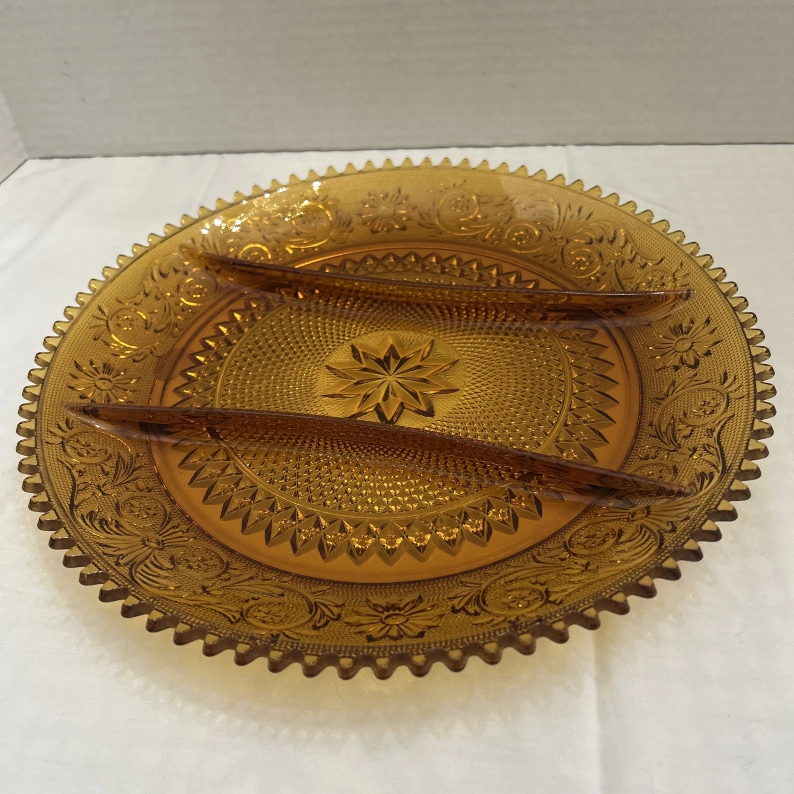 Vintage Indiana Tiara Amber Glass Sandwich Starburst Divided Serving Plate 12”