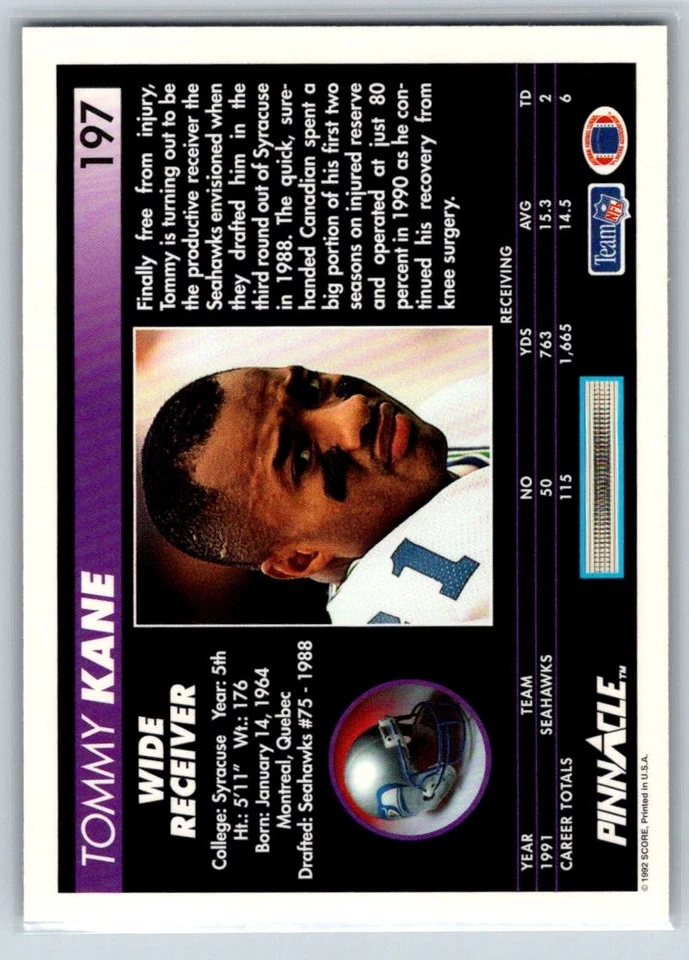 1992 Pinnacle #197 Tommy Kane Seattle Seahawks - Image 2 of 2