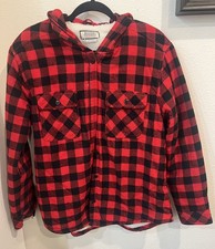 Boston Traders Flannel Jacket Hood Women's Large Size L Red Buffalo Plaid Sherpa