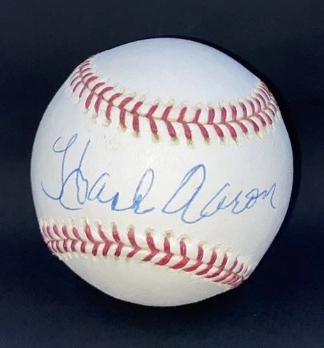 Hank Aaron Autographed Rawlings MLB Baseball, Braves, HOF, 💎 Mounted Memories