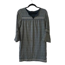 Madewell Green Print Starland Shift Silk Dress Pockets Bell Sleeves XS