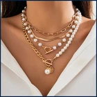 Layered Imitation Pearl and Thick Chains Choker Necklace for Women Tendy Beaded