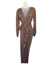NWT Long Sleeved Mocha Brown Dress Ruching Detail V Neck Belted Thigh Slit SMALL