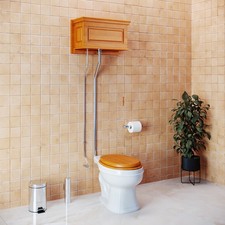 Light Oak Raised High Tank Toilet with White Round Bowl  Satin LPipe