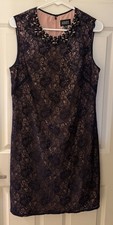 Adrianna Papell Beaded Lace Cocktail Dress w/ Silk Liner, Navy/Pink, Size 12