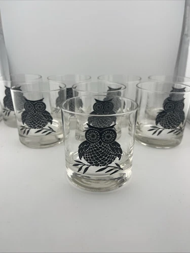 8 Black Owl Rocks Cocktail Old Fashioned Lowball Glasses West VA Glass 8 Oz MCM
