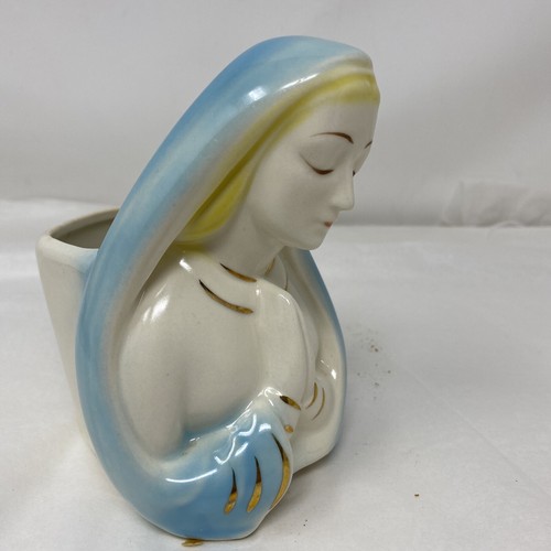 Vintage Mid-century Virgin Mary Madonna Blue White Gold Planter Vase Statue - Picture 7 of 9