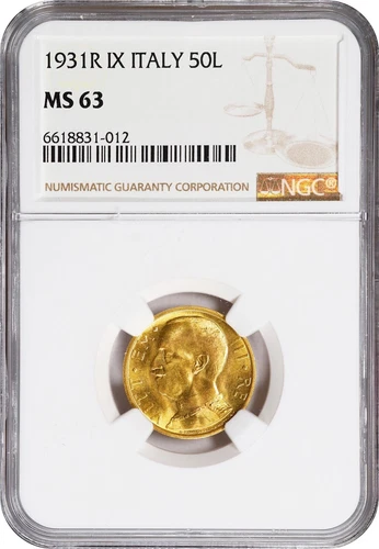 ITALY  1931-R  YR. IX  50 LIRE  UNCIRCULATED GOLD COIN, NGC CERTIFIED MS63