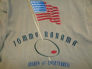 TOMMY BAHAMA 100% SILK EMBROIDERED "SHAKEN BUT UNDETERRED" USA FLAG CASINO SHIRT