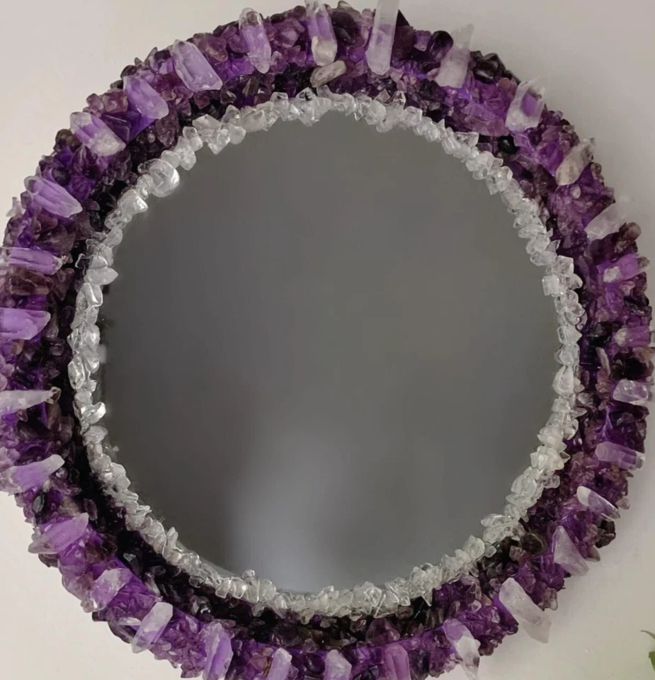 Espejo de piedras preciosas de cristal de amatista y cuarzo de 10" - Cuadrado | Decoración de pared hecha a mano Foto 4 de 4