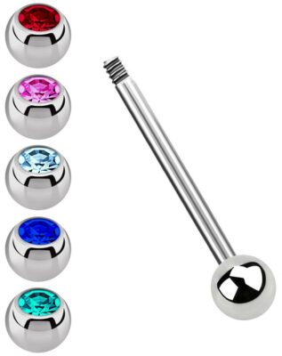 Zungenpiercing SET Titan Stab Barbell Hantel 1,6mm mit 5 farbigen Kugeln 12-18mm
