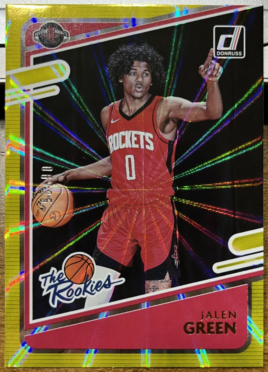 2021-22 JALEN GREEN DONRUSS THE ROOKIES YELLOW HOLO LASER PRIZM RC #6/25 ROCKETS