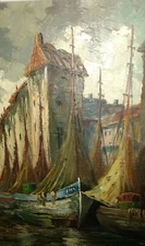 Vintage oil on canvas boat harbor continental scene  signed artist LaCroix