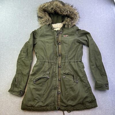 Hollister Y2K Jacket Womens Small Green Heavy Full Zip Faux Fur