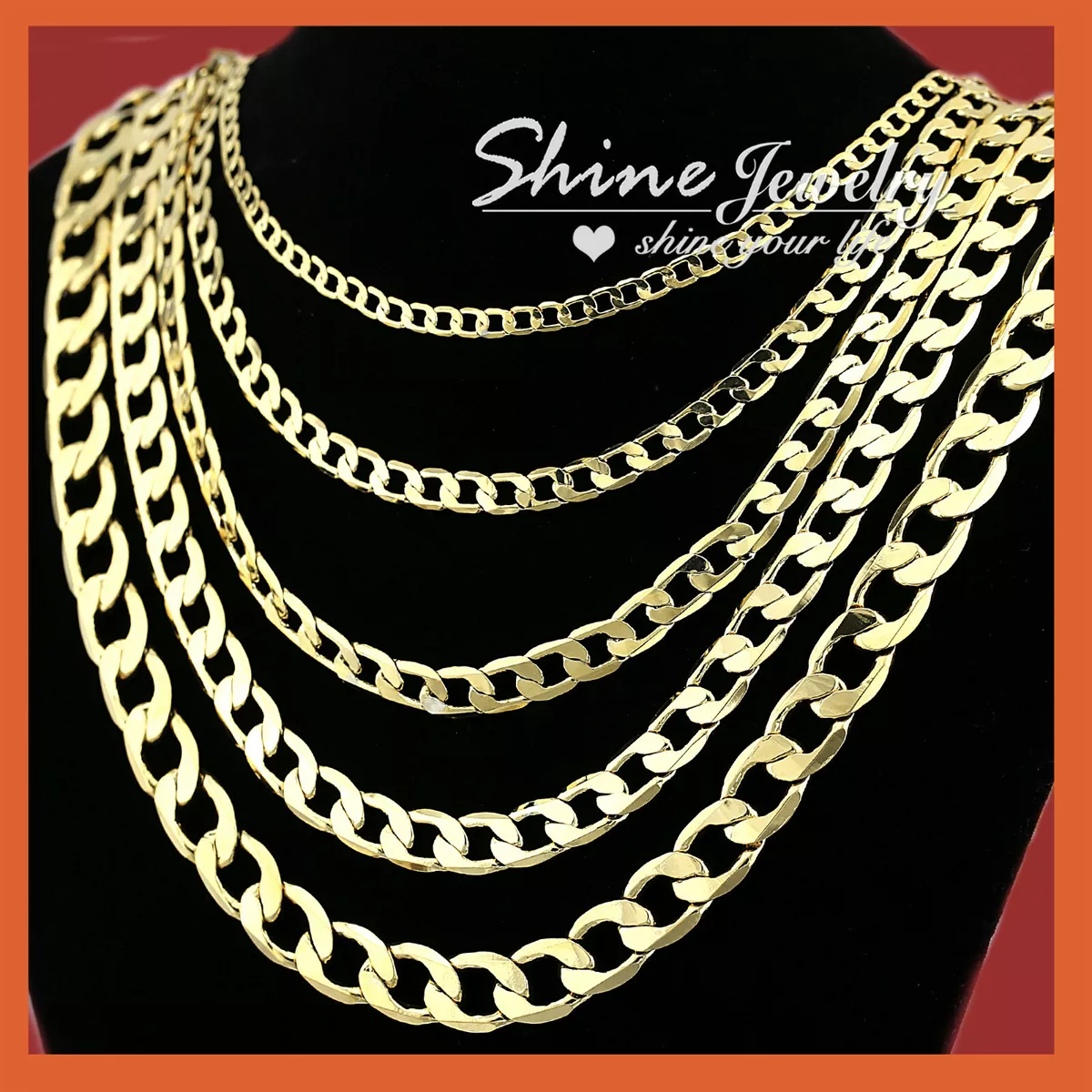 18K YELLOW GOLD GF FLAT RING CURB CHAIN WOMEN MEN SOLID CHARM 16 30INCH NECKLACE