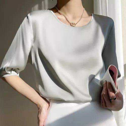Damen Elegant Satin 3/4 Ärmel Seide Tops Rundhals Bluse T-Shirt Locker Freizeit - Bild 30 von 30